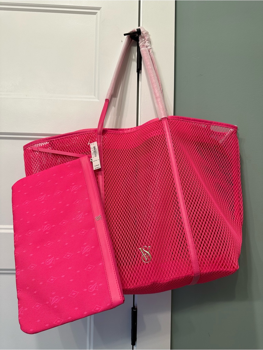 Victoria's Secret Bright Pink Mesh Tote with Matching Pouch